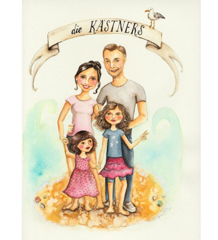 Auftrags Portrait Illustration Familie 4 Personen