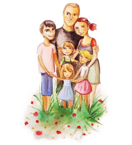 Auftrags Portrait Illustration Familie 6 Personen