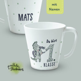 Einschulung Tasse personalisiert mit Wunschname • Dino • 200 ml Melamin
